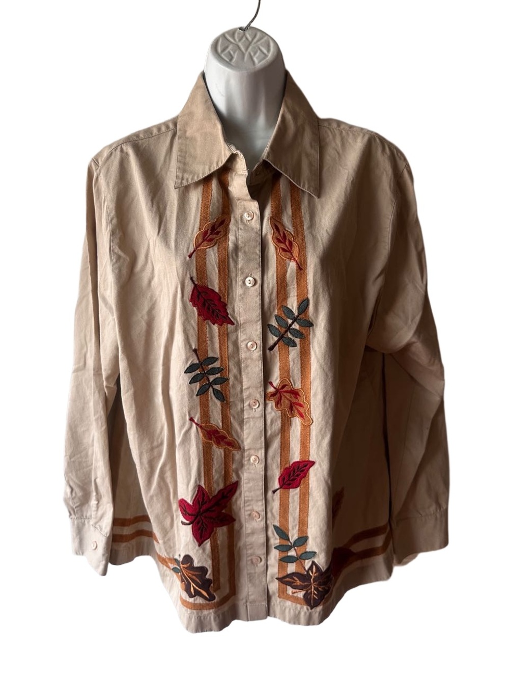 Bechamel Tan Fall Leaf Embroidered Button Down Shirt 1X Cotton Long Sleeve